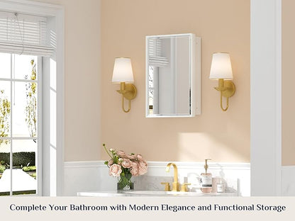 Keonjinn 16" x 24" White Medicine Cabinets for Bathroom with Mirror, Recessed or Surface Wall-Mounted Aluminum Alloy Framed Beveled Mirror, Single Door Farmhouse Bathroom Mirror with Storage Cabinet