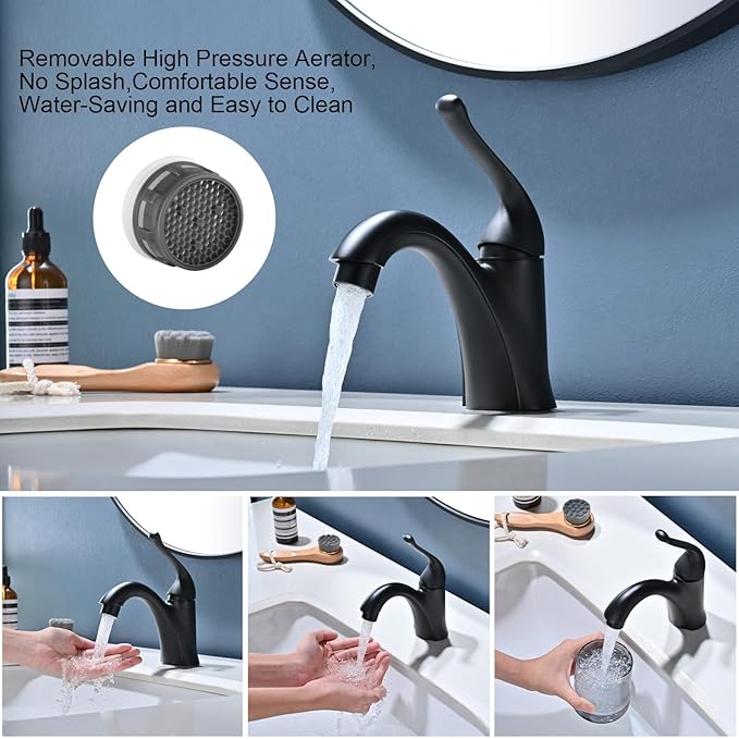 Matte Black Bathroom Faucet 1 Hole Brass Single Hole Handle Bathroom Faucets for Sink RV Vanity Faucet with Pop-up Drain and Flexible Hoses, Made of Heavy-Duty Thickened Brass and Metal (Black)