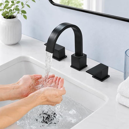 Widespread 8 Inch Matte Black Bathroom Sink Faucet, Waterfall Black Stainless Steel Bathroom Faucet for Sink 3 Hole, Vanity Lavatory Sink Faucets with Drain & Water Hoses