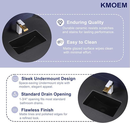 Black Undermount Bathroom Sink 16.7x10.7 Inch Small Bathroom Sink Matte Black Bathroom Under Counter Lavatory Vanity Sink Basin Rectangular Porcelain Ceramic Undermount Sinks with Overflow