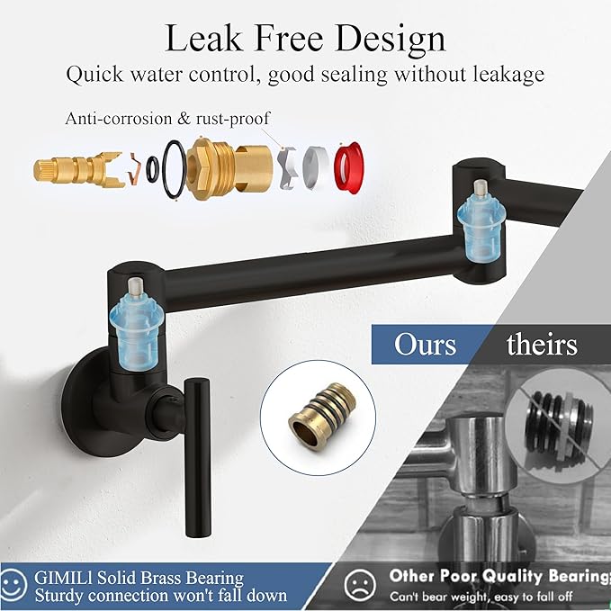 Pot Filler Faucets - for Kitchen, Sink, Stove and Bar with Brass Wall Mount Double Joint Swing Arms - Leak Free Designs with High-Flow Aerators - Retractable and Folding Save Space - Matte Black
