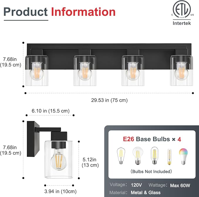 4-Light Matte Black Bathroom Light Fixtures, with Clear Glass Shade | 29.5 Inch Bathroom Lighting Fixtures Over Mirror, Modern Wall Light, bathroom vanity light E26 Socket, ETL