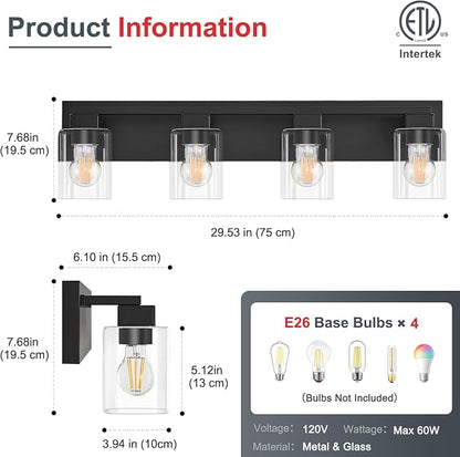 4-Light Matte Black Bathroom Light Fixtures, with Clear Glass Shade | 29.5 Inch Bathroom Lighting Fixtures Over Mirror, Modern Wall Light, bathroom vanity light E26 Socket, ETL