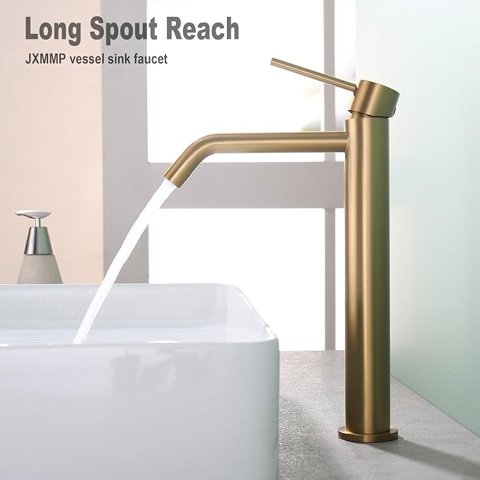 Brushed Brass Vessel Sink Faucet with Pop Up Drain and Supply Lines, Stainless Steel Brass Tall Bathroom Faucet Single Hole, JXMMP Gold Bathroom Faucet for Bowl Sink 1 Hole, JXM1001BTG