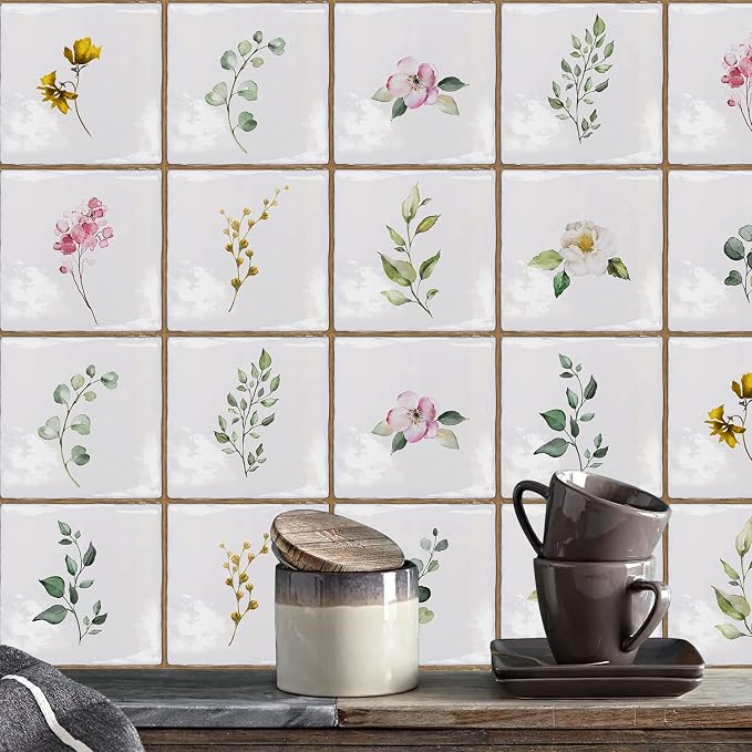 Alwayspon Vinyl Sticker Peel and Stick, Self-Adhesive Wall Tile Transfers Backsplash Sticker Decal for Kitchen Bathroom, 6x6inch/15x15cm 30Pcs, Leaves T031