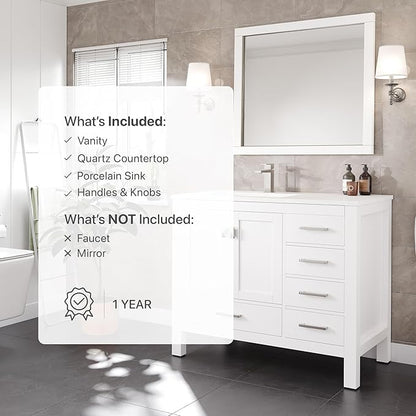 Eviva London 42 in. White Single Sink Bath Vanity with Carrara Quartz Top and Left Porcelain Sink