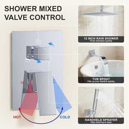 Chrome Shower System with Tub Spout, Ceiling Mounted Bathtub Shower Faucet Set, 12" Rainfall Shower Head and Handheld Shower Combo, High Pressure Shower Fixtures Set with Rough-in Valve