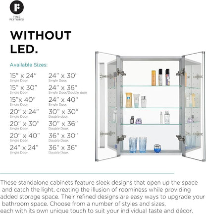 Bathroom Medicine Cabinet, Aluminum, Recessed/Surface Mount, 24" x 36", Right/Left Hinged, Mirrored Interior