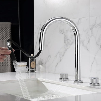 3 Hole Pull Out Faucet for Bathroom Sink Gooseneck Restroom Faucet Hot and Cold,Chrome Plated