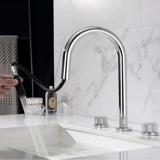 3 Hole Pull Out Faucet for Bathroom Sink Gooseneck Restroom Faucet Hot and Cold,Chrome Plated