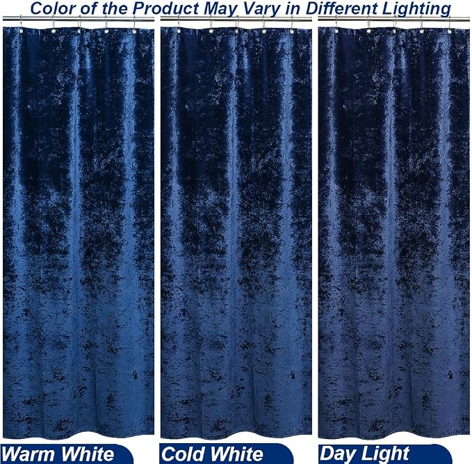 TAMGHO Crushed Velvet Shower Curtain, Navy Blue Shower Curtain Set with 12pc Polished Nickel Hooks, Machine Washable, Waterproof Lined Bathroom Curtain 72x72