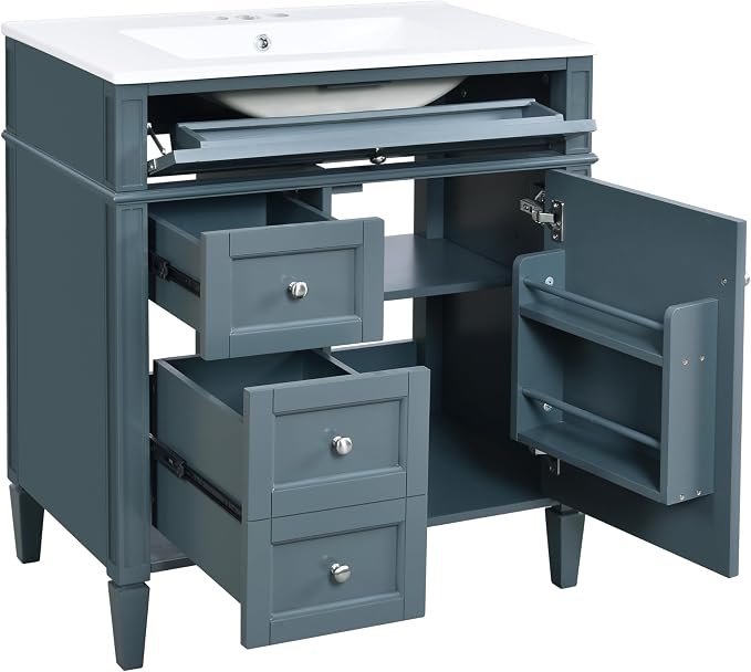 Merax 30 Inch Bathroom Vanity with Ceramic Sink, Solid Wood Frame Modern Bathroom Sink Storage Cabinet with 2 Drawers and a Tip-Out Drawer, Single Sink Bathroom Vanities, Indigo