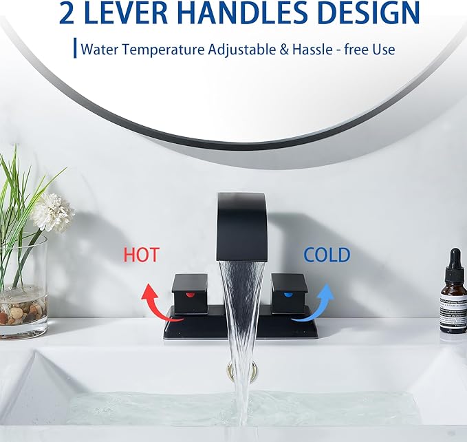 SHACO Black Bathroom Faucet, 4 Inch Centerset Bathroom Faucet 3 Hole, Matte Black 2 Handle Waterfall Bathroom Sink Faucet with Pop Up Drain and Supply Hoses, SC-ZTS004B-NEW