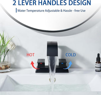 SHACO Black Bathroom Faucet, 4 Inch Centerset Bathroom Faucet 3 Hole, Matte Black 2 Handle Waterfall Bathroom Sink Faucet with Pop Up Drain and Supply Hoses, SC-ZTS004B-NEW