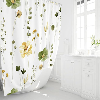 Olive Green Beige Watercolor Floral Fabric Shower Curtain, 72x84 | Waterproof Fabric, Modern Minimalist Floral Print, Machine Washable, Rustproof Grommets, Fade Resistant, for Bath Home