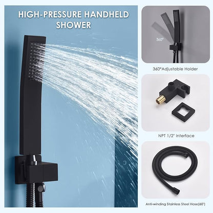 Dual Rainfall Shower Head System, Push Button Shower Faucet Set with 12" Ceiling Mount Rain shower head and 6" Wall Mount Shower Head, Pressure Balance Rough-in Valve (Matte Black)