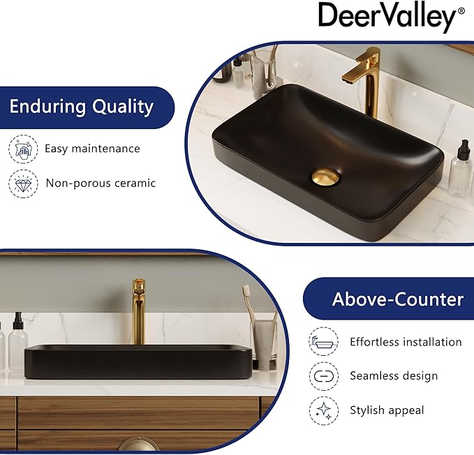 DeerValley Matte Black Semi-Recessed Rectangle Vessel Sink 18.9x11.61 Inch, Above Counter Ceramic Vanity Basin for Modern Bathroom Decor