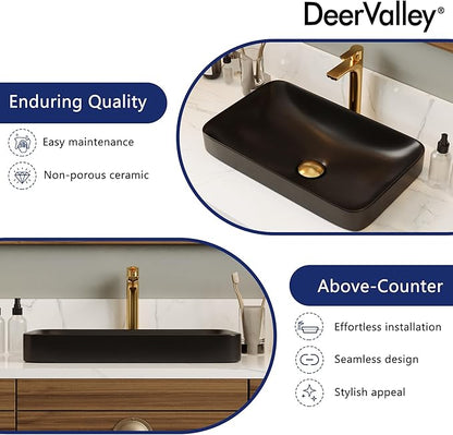 DeerValley Matte Black Semi-Recessed Rectangle Vessel Sink 18.9x11.61 Inch, Above Counter Ceramic Vanity Basin for Modern Bathroom Decor