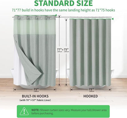 eachope No Hook Fabric Shower Curtain with Snap-in Liner,71x77 Sage Green | Linen Texture,230GSM Thick Fabric,Hotel Luxury Decor,Mesh Window,Bottom magnetic ,Waterproof & Machine Washable,for Bathroom