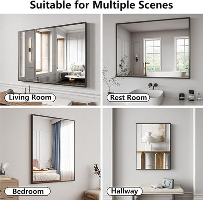 Koonmi Bathroom Mirror for Wall, 30"x40" Black Bathroom Mirror for Over Sink, Shatterproof Tempered Glass Vanity Mirror with Anti-Rust Aluminum Alloy Frame, Hang Horizontally or Vertically