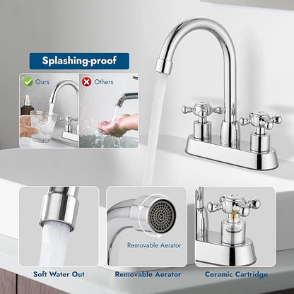 4 Inch Centerset Bathroom Faucets Double Cross Handle Bathroom Sink Faucet Deck Mounted Vintage RV Farmhouse Vanity Basin Mixer Tap with Pop up Drain,Polish Chrome