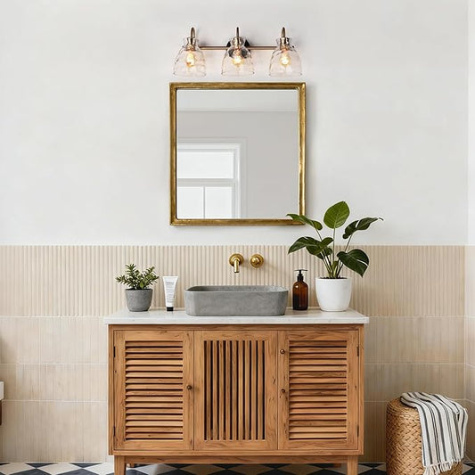 KSANA Modern Bathroom Light Fixtures, Vintage 3 Light Vanity Lights Over Mirror Black and Electroplated Brass Bathroom Vanity Light with Water Ripple Glass, 23" W