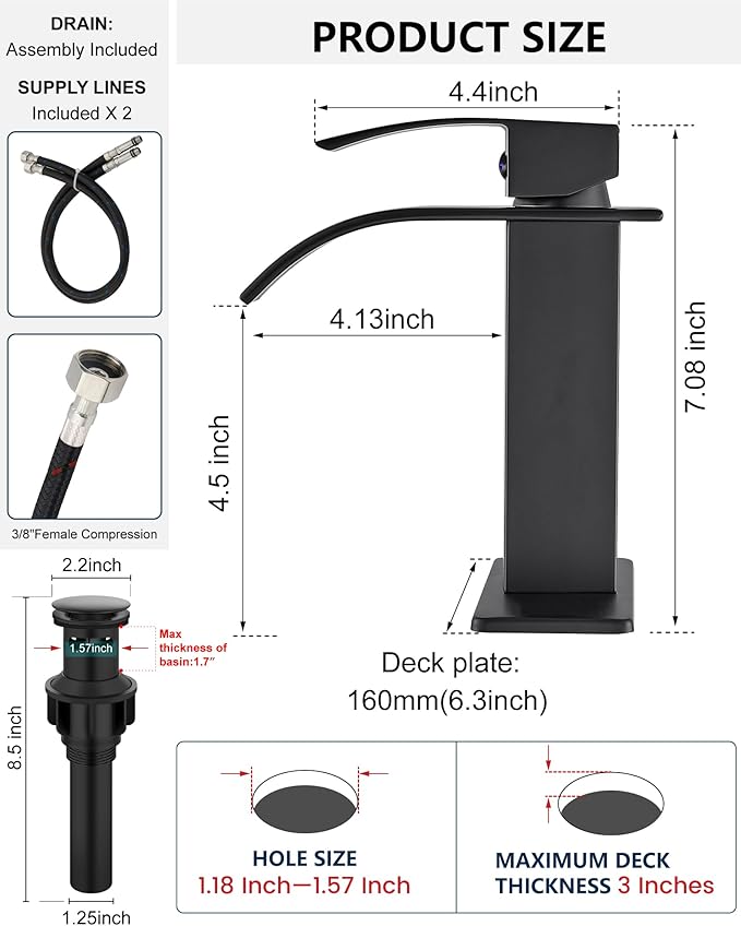 Midanya Bathroom Faucet with Waterfall Spout, Single Hole or 3-Hole Deck Mount, 304 Stainless Steel Sink Faucet with Pop-Up Drain, RV Vanity Compatible,Matte Black