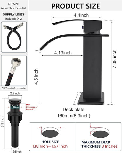 Midanya Bathroom Faucet with Waterfall Spout, Single Hole or 3-Hole Deck Mount, 304 Stainless Steel Sink Faucet with Pop-Up Drain, RV Vanity Compatible,Matte Black