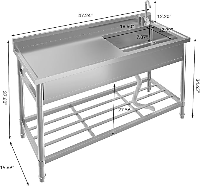 Stainless Steel Utility Sink, 47" Single Bowl Commercial Sink | Free Standing Utility Sink with Cold and Hot Water Pipe & Workbench, for Kitchen, Laundry