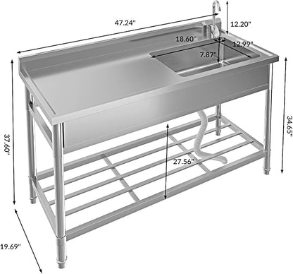 Stainless Steel Utility Sink, 47" Single Bowl Commercial Sink | Free Standing Utility Sink with Cold and Hot Water Pipe & Workbench, for Kitchen, Laundry