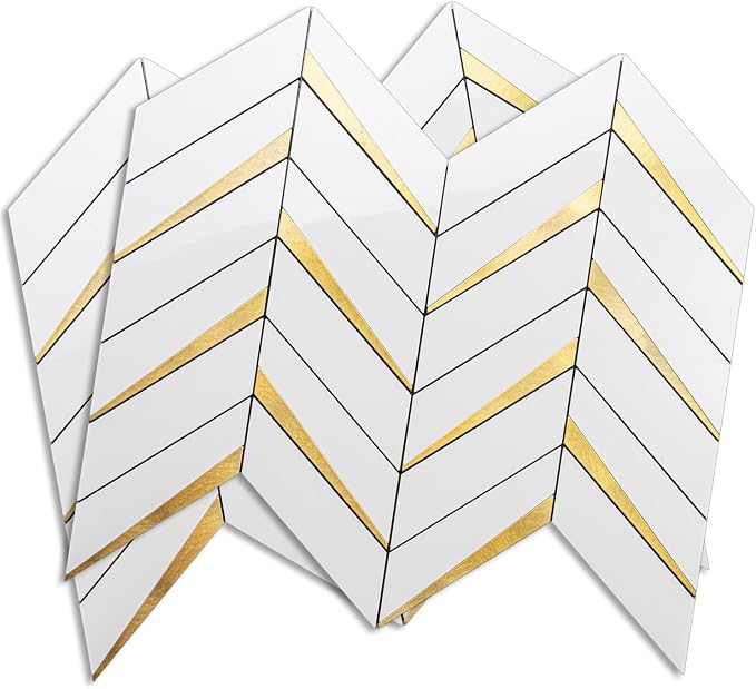 DICOFUN 10-Sheet Herringbone Tile Peel and Stick Backsplash, Polished White PVC Mixed Metal Gold Stick on Backsplash for Kitchen and Bathroom Wall