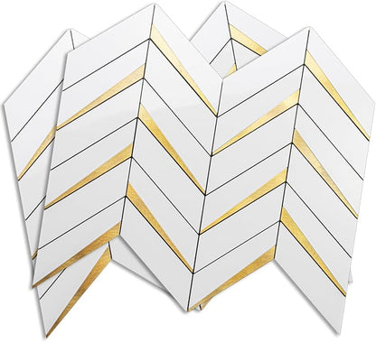 DICOFUN 10-Sheet Herringbone Tile Peel and Stick Backsplash, Polished White PVC Mixed Metal Gold Stick on Backsplash for Kitchen and Bathroom Wall