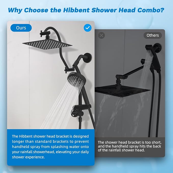 Hibbent High Pressue All Metal 8" Rainfall Shower Head, Handheld 10-Spray | cUPC Certified Matte Black Dual Showerhead Combo, 4-way Diverter with Pause Mode, Brass Extension Arm, 71'' Hose & Holder