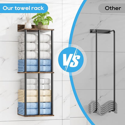 Towel Racks for Bathroom Wall Mounted with Wooden Storage Shelf | Updated 3 Bar Metal Towel Holder for Rolled Towels, Sturdy and Large Capacity, Towel Storage Organizer
