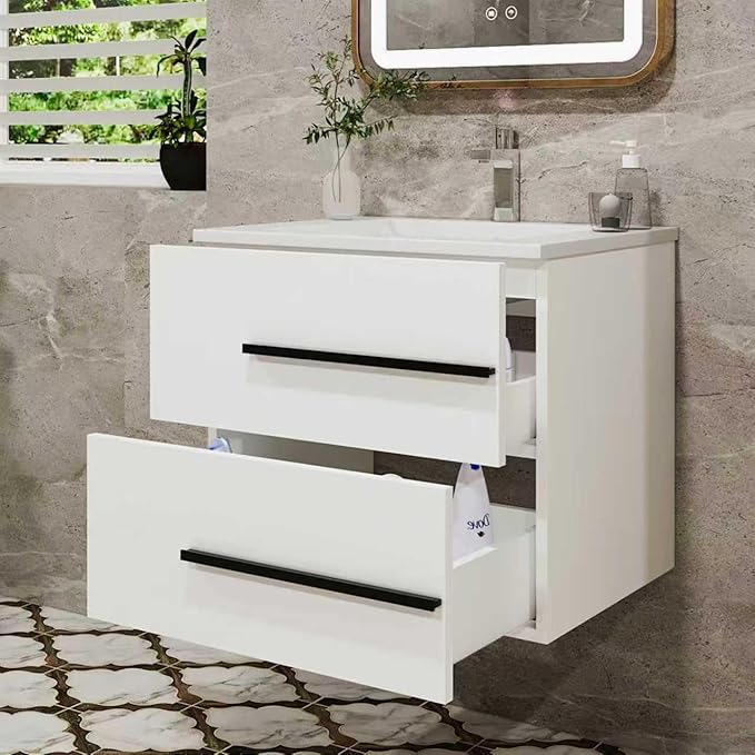 Bathroom Vanity no Sink 24" Designer Floating Bathroom Vanity with Fluted Drawers - Modern Wall Mounted Storage Cabinet, Black Handles & Soft-Close Drawes for Small Space Luxury (White)