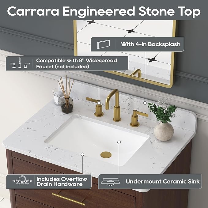 30 Inch Bathroom Vanity with Sink, Solid Wood Frame with Engineered Marble Countertop, Fully-Assembled Vanity with Soft-Close Drawers, Adjustable Feets, Warm Elm