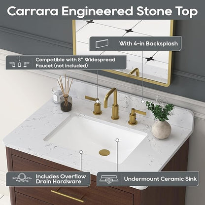 30 Inch Bathroom Vanity with Sink, Solid Wood Frame with Engineered Marble Countertop, Fully-Assembled Vanity with Soft-Close Drawers, Adjustable Feets, Warm Elm