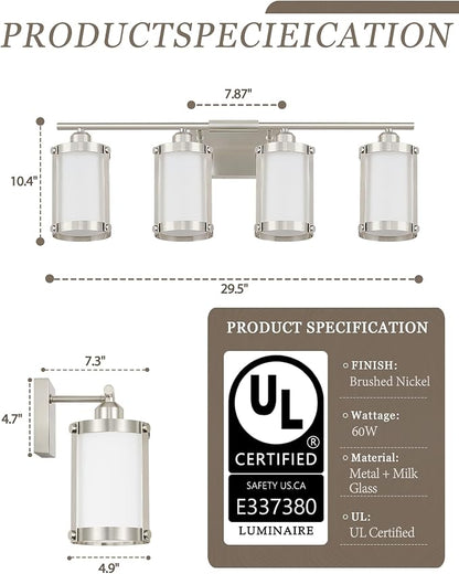 4-Light Brushed Nickel Bathroom Light Fixtures with Milk White Frosted Glass, 29" UL-Listed Modern Wall Sconce Over Mirror with Metal Cage for Bath, Hardwire E26, OS-3014BNW-4W