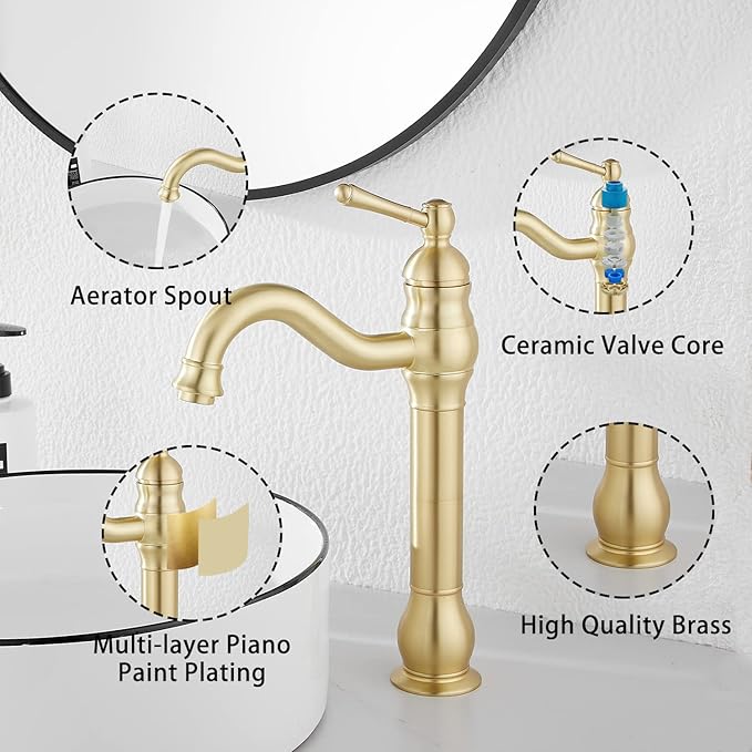 GGStudy 360 Swivel Single-Handle One Hole Vessel Sink Faucet with Matching Pop Up Drain - Brushed Gold Farmhouse Bathroom Vanity Faucet