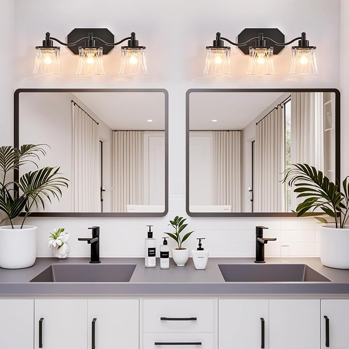 3-Light Matte Black Vanity Light, Vintage Crystal Glass Shades | Rust & Humidity Resistant Iron Frame,Mounted Over Mirror, Compatible with E26 Bulbs for Bathroom, Bedroom & Hallway