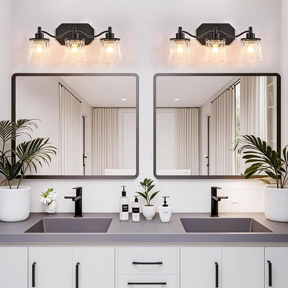 3-Light Matte Black Vanity Light, Vintage Crystal Glass Shades | Rust & Humidity Resistant Iron Frame,Mounted Over Mirror, Compatible with E26 Bulbs for Bathroom, Bedroom & Hallway