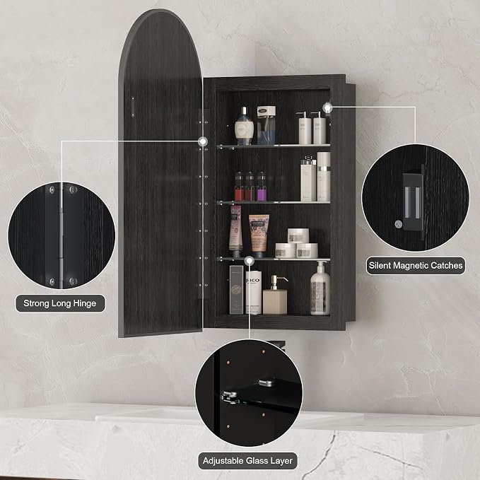 Recessed Medicine Cabinet with Mirror,Black Arched Medicine Cabinet,Arch Bathromm Medicine Cabinet Recessed,Metal Edge Bathroom Mirror with Storage,Surface Mount Mirrored Cabinets 16x31