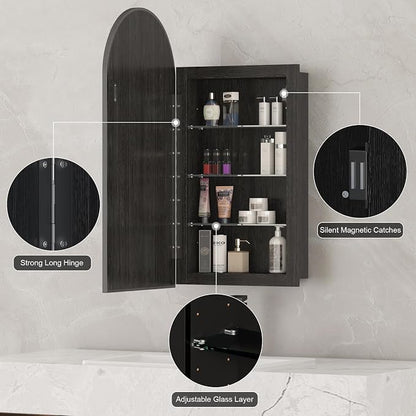Recessed Medicine Cabinet with Mirror,Black Arched Medicine Cabinet,Arch Bathromm Medicine Cabinet Recessed,Metal Edge Bathroom Mirror with Storage,Surface Mount Mirrored Cabinets 16x31