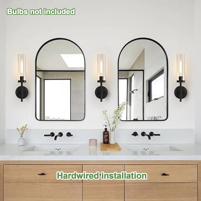 Hardwired Wall Sconces Set of Two, Matte Black Bathroom Sconces with Clear Glass, Modern Wall Light Fixtures for Bathroom Mirror Vanity, Living Room, Bedroom, Hallway, Stairway, Cabinet, Foyer