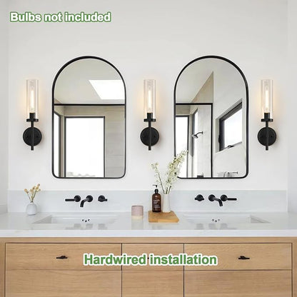 Hardwired Wall Sconces Set of Two, Matte Black Bathroom Sconces with Clear Glass, Modern Wall Light Fixtures for Bathroom Mirror Vanity, Living Room, Bedroom, Hallway, Stairway, Cabinet, Foyer