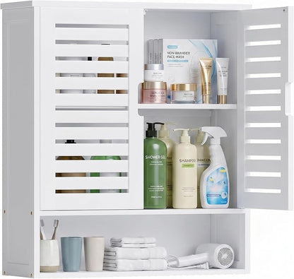 SMIBUY Bathroom Cabinet Wall Mounted, Bamboo Over-The-Toilet Storage Organizer, Space Saver Medicine Cabinet with 2 Door and Adjustable Shelves (White)