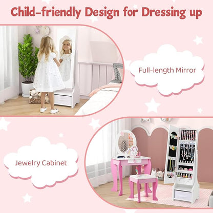 CHARMAID Kids Jewelry Armoire Cabinet - Standing jewelry Organizer for Girls, Full Length Mirror, Storage Drawers and Shelves, Kids Vanity Dressing Mirror with Storage (White)