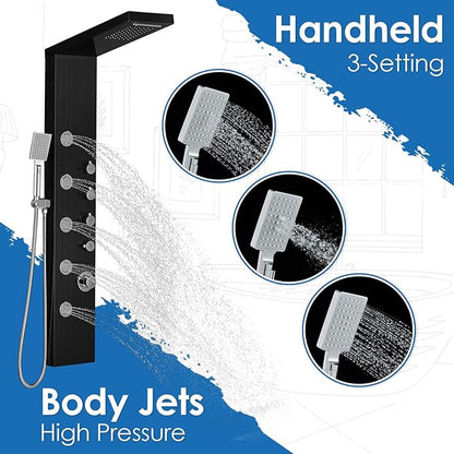 ROVOGO Shower Panel Tower System with Rainfall Waterfall Shower, 5 Body Jets and 3-Setting Handheld, 304 Stainless Steel Shower Column Wall-Mount, Black