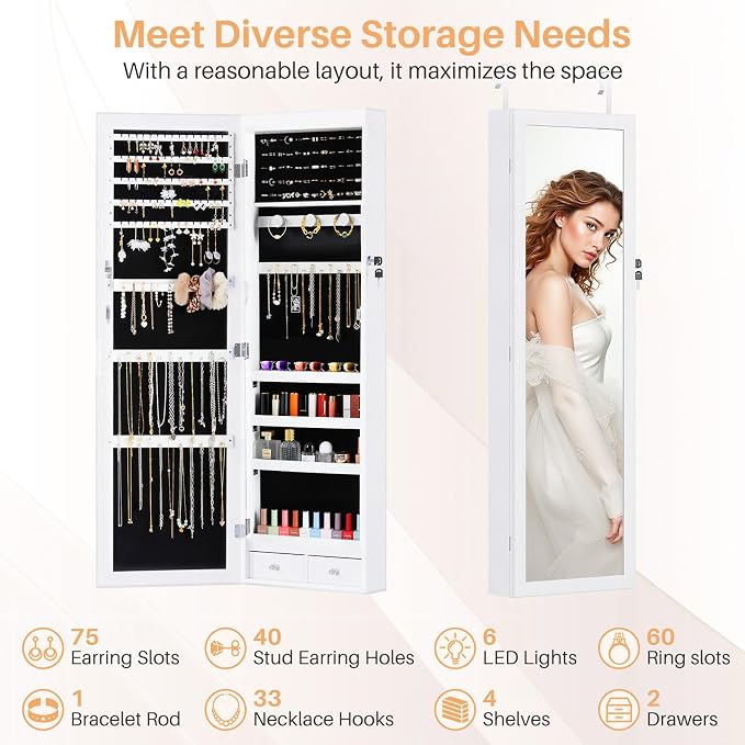 Jewelry Organizer Cabinet, Wall or Door Mounted 47.2-Inch Lockable Jewelry Armoire with Full-Length Mirror, 6 LEDs Large Capacity Jewelry Storage, White