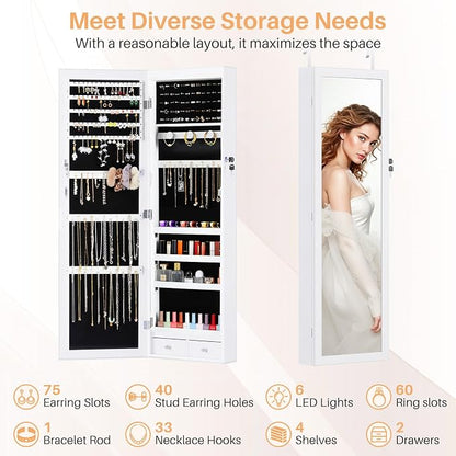 Jewelry Organizer Cabinet, Wall or Door Mounted 47.2-Inch Lockable Jewelry Armoire with Full-Length Mirror, 6 LEDs Large Capacity Jewelry Storage, White